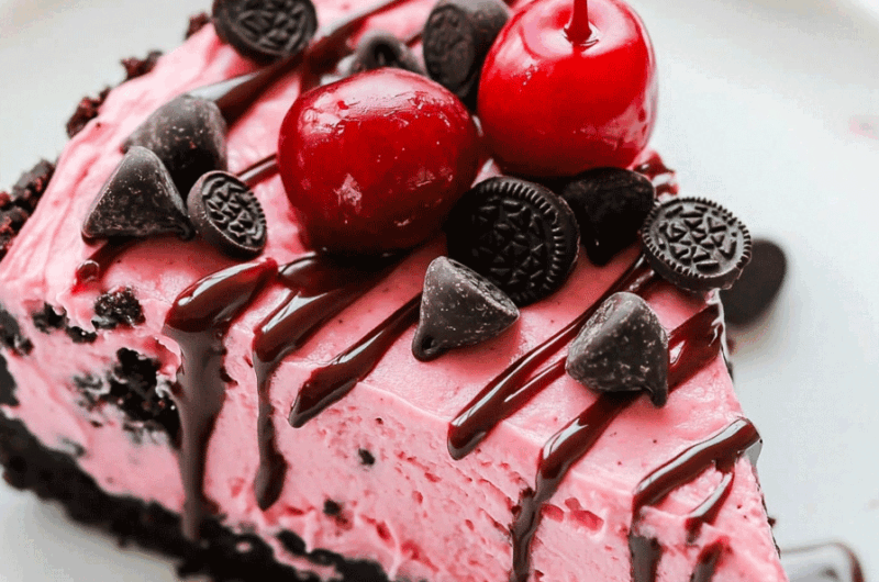 Oreo Cherry Chocolate Chip No Bake Cheesecake