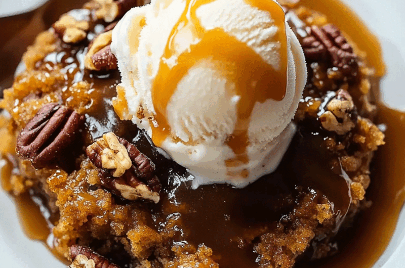 Pumpkin Cobbler with Caramel and Pecans