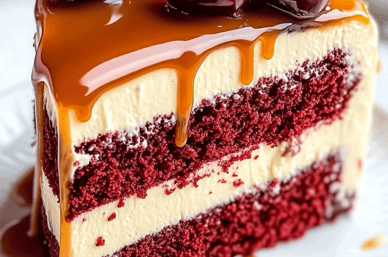Red Velvet Cheesecake Cake with Caramel Drizzle