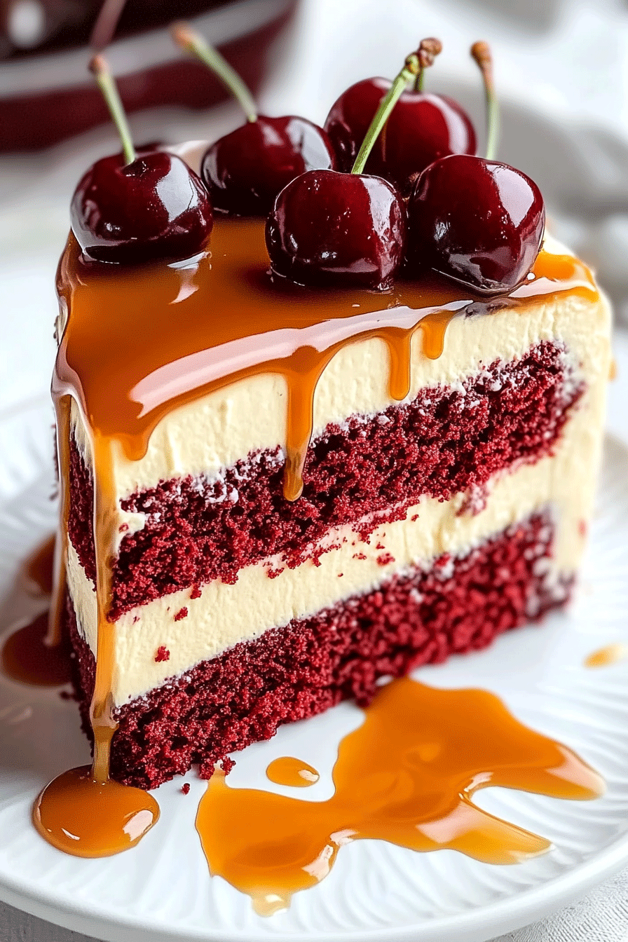 Red Velvet Cheesecake Cake with Caramel Drizzle