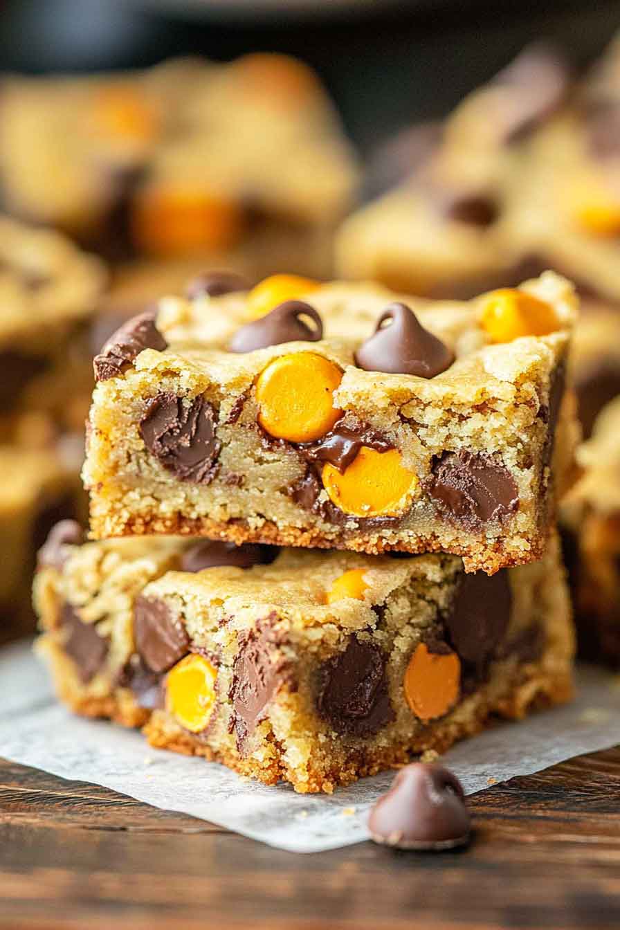 Reese's Pieces Chocolate Chip Cookie Bars - Dessert Hungry