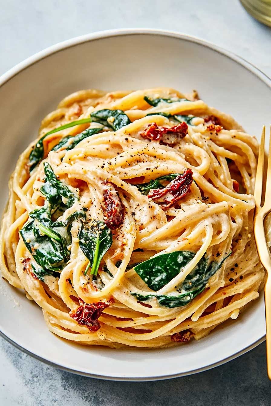 Spaghetti wth Spinach and Sun-Dried Tomato Cream Sauce