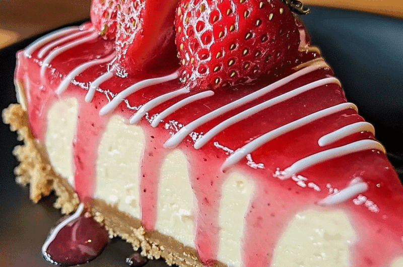 Strawberry Cheesecake with White Chocolate Drizzle