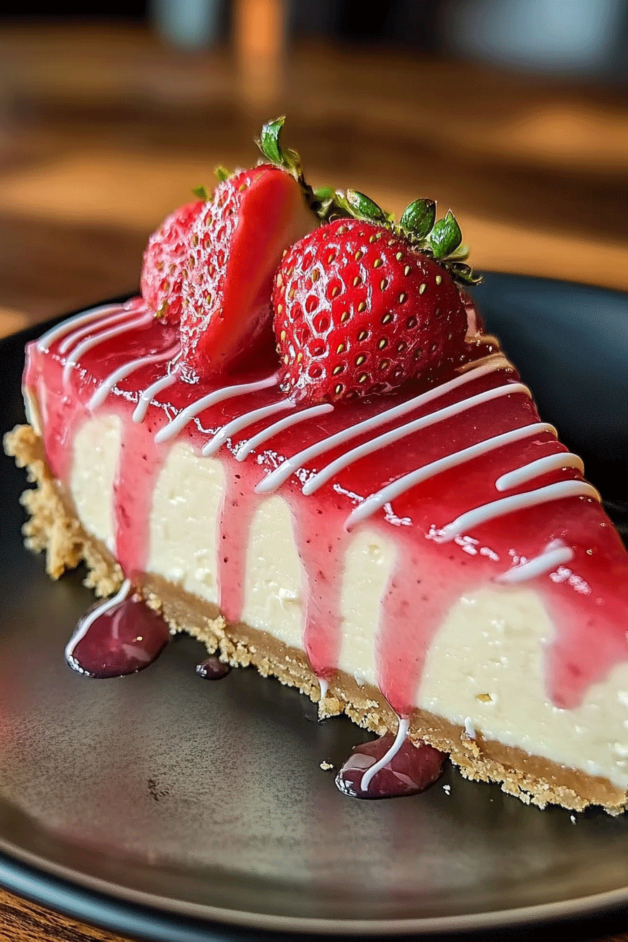 Strawberry Cheesecake with White Chocolate Drizzle