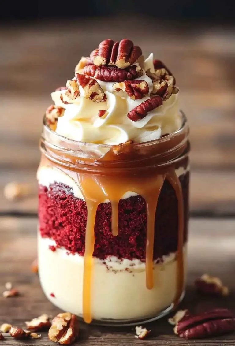 Mini Red Velvet Caramel Pecan Cake Jars