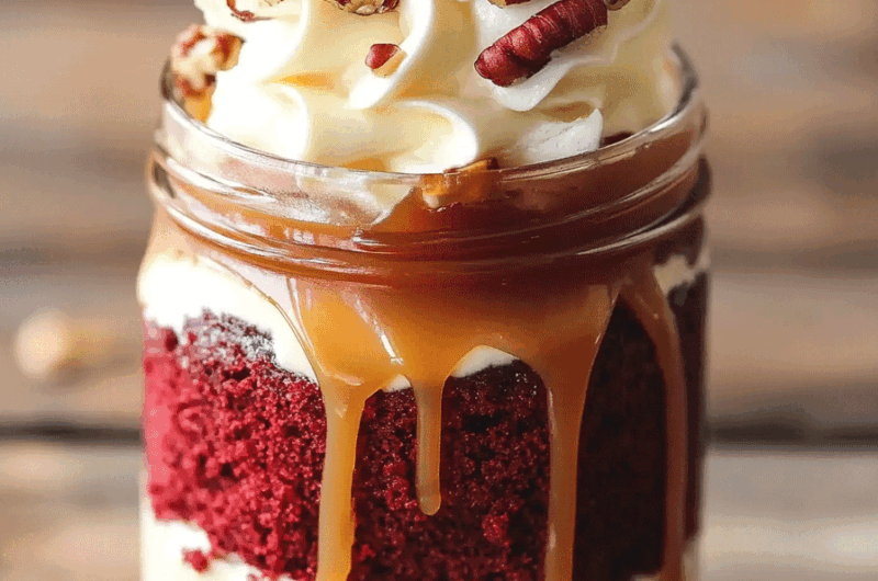 Mini Red Velvet Caramel Pecan Cake Jars