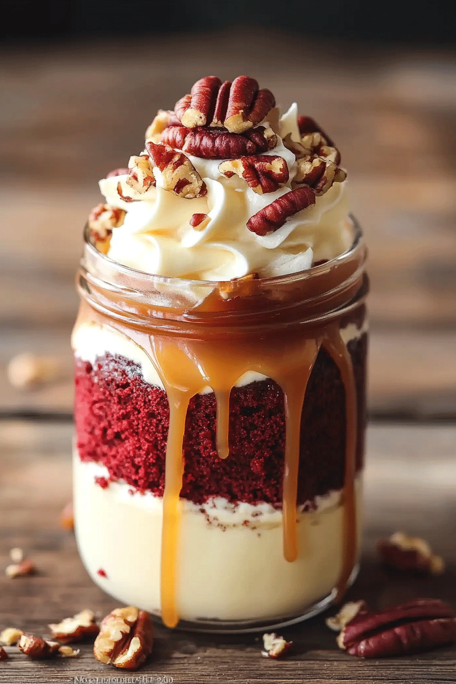 mini Red Velvet Caramel Pecan Cake Jars