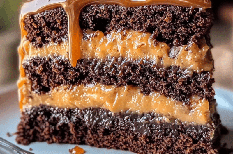 German Chocolate Cake Caramel Drizzle