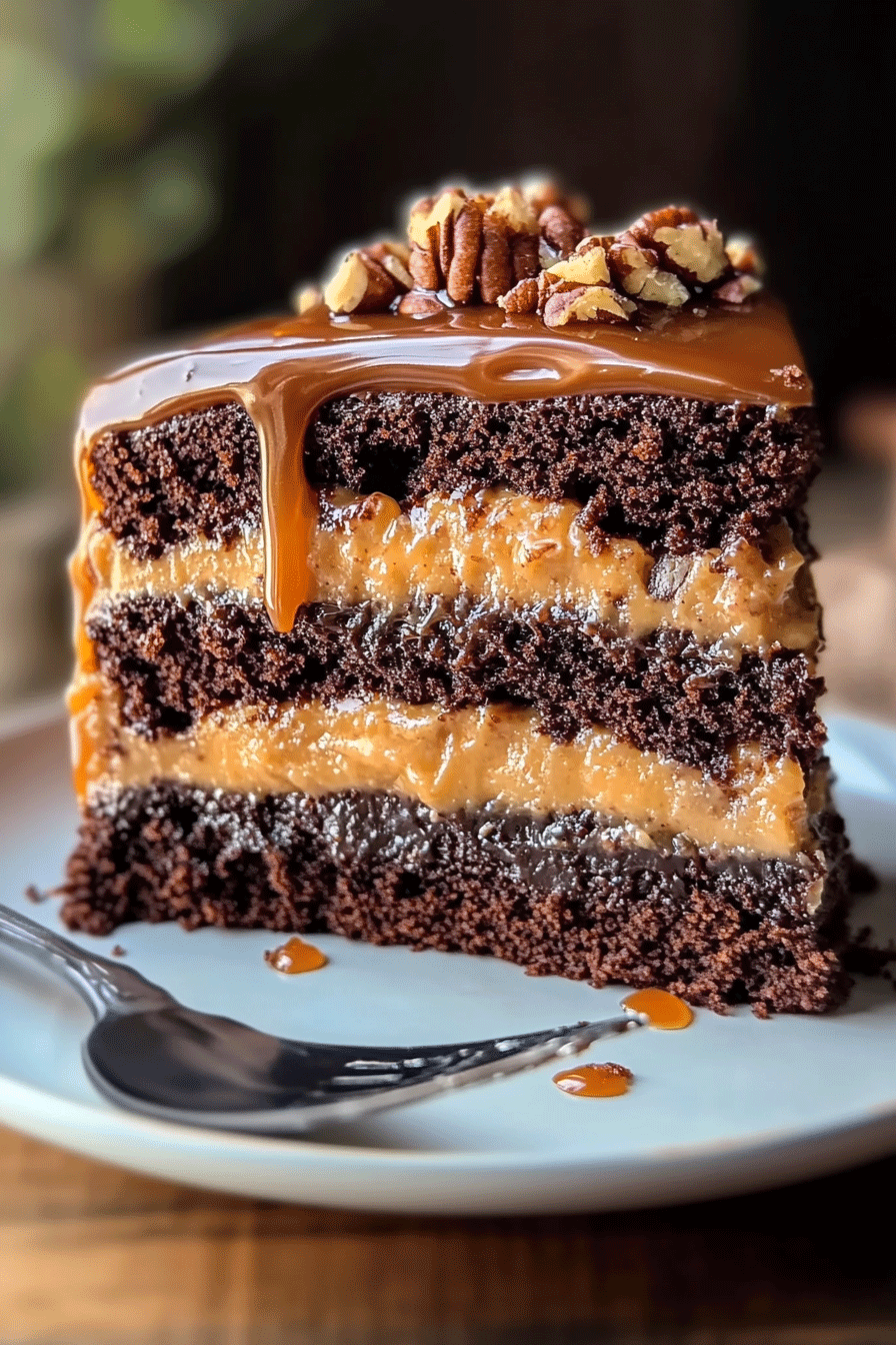 German Chocolate Cake Caramel Drizzle